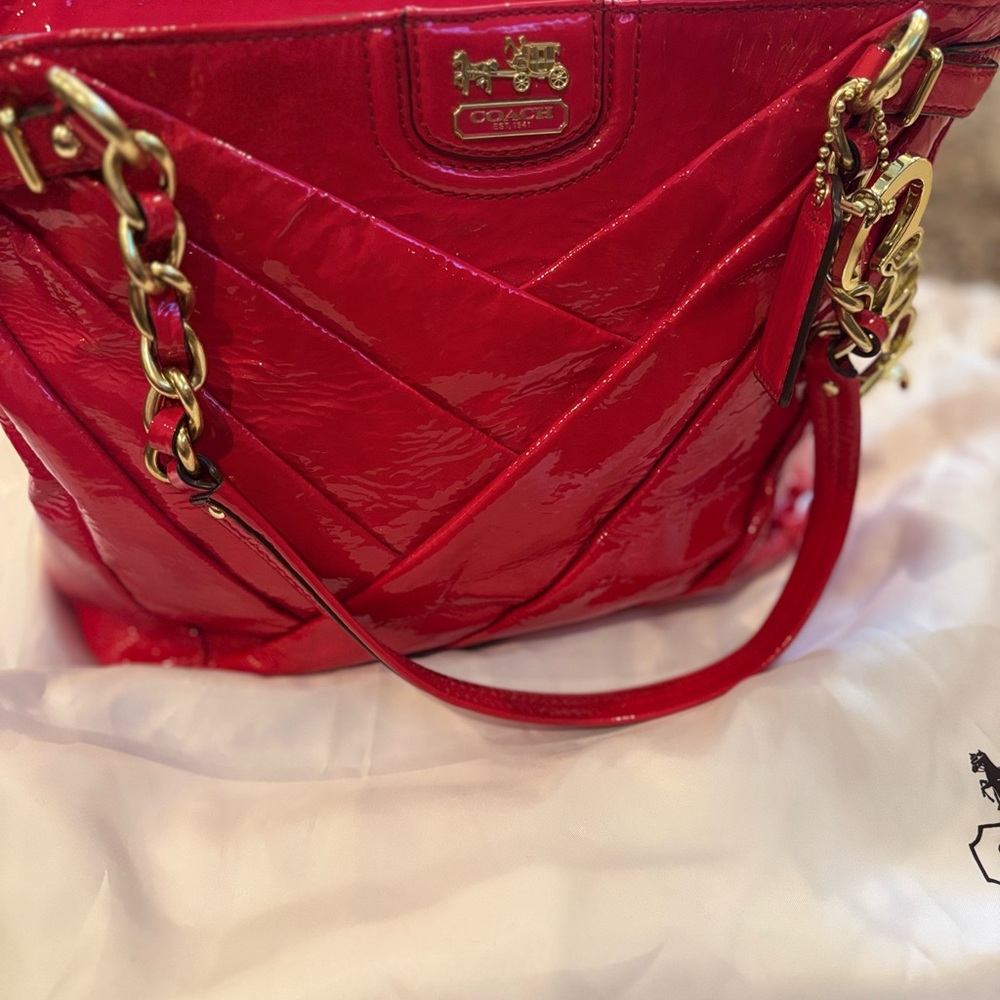 COACH Madison Patent Leather Lindsey Tote in Bright Red with Gold Chain